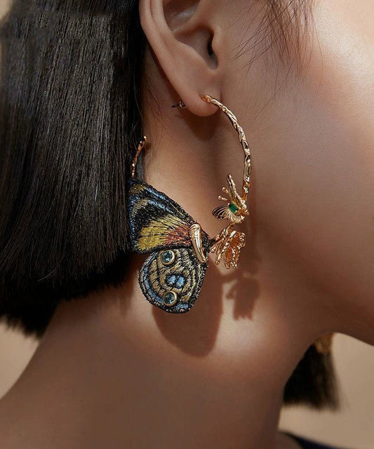 Gold Sterling Silver Overgild Crystal Embroidery Butterfly Hoop Earrings