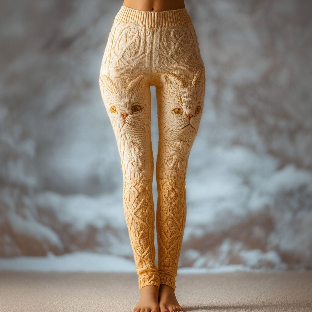 Cute Cat Face Jacquard Gradient Cozy Knit Leggings elevenforest