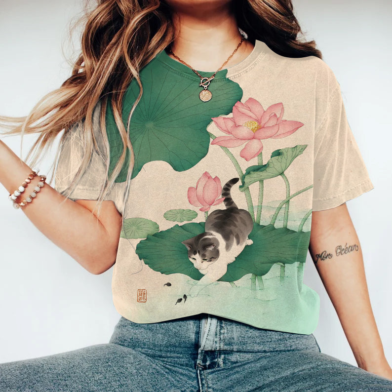Casual Cute Cat And  Lotus Print Crew Neck T-Shirt elevenforest