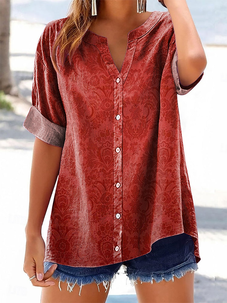 Women's Vintage Ethnic Floral Art Print Casual Cotton And Linen Shirt