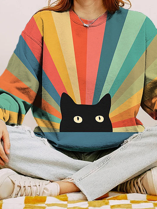 Rainbow Cat Print Round Neck Long Sleeve Sweatshirt elevenforest