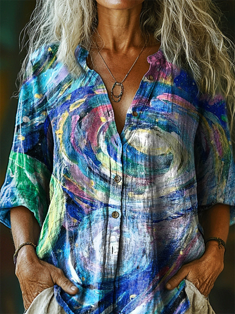 Women's Retro Abstraction Art Print Casual Cotton Linen Shirt