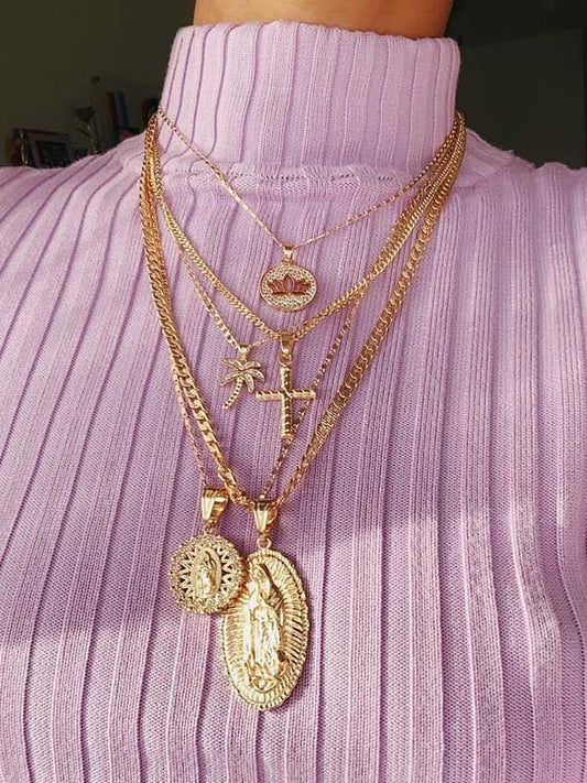 Coconut Tree Portrait Embossed Pendant Multilayer Necklace