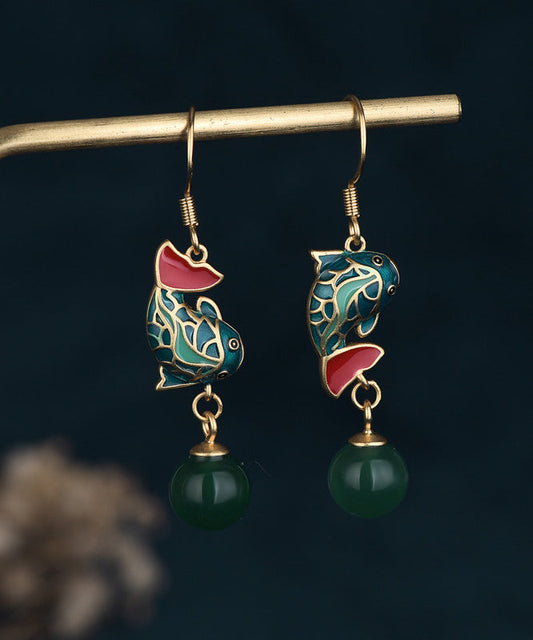 Green Ancient Gold Chalcedony a Fish Leaping Over the Dragon Gate Drop Earrings