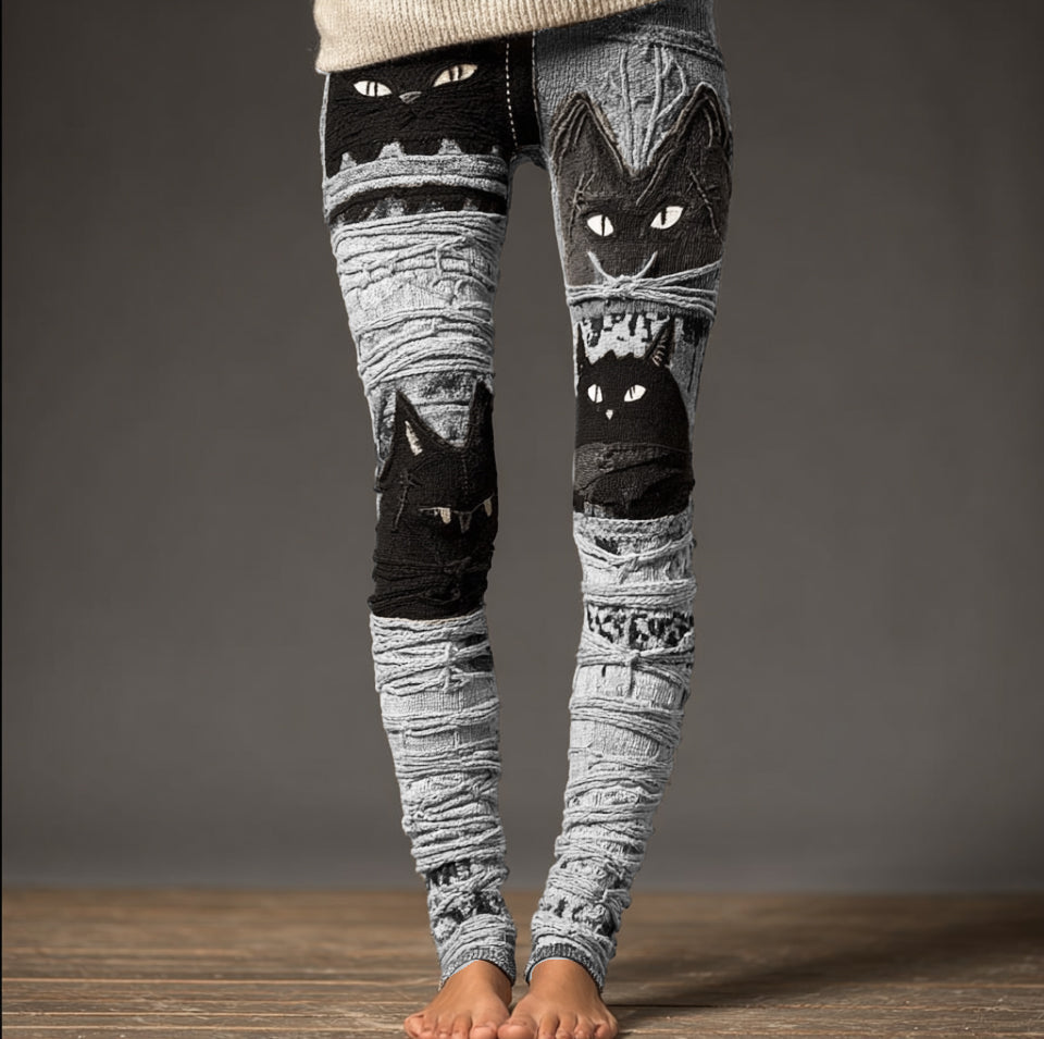 Halloween Fun Cat Design Women's Knitted Leggings elevenforest