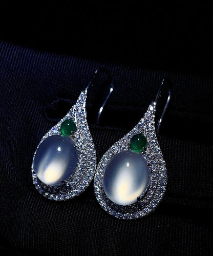 Silk Sterling Silver Inlaid Zircon Jade Stud Earrings