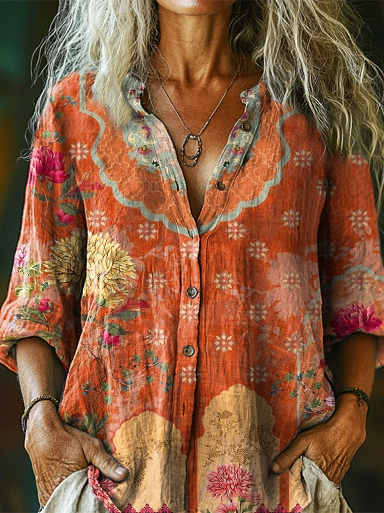 Women's Folk Flowers Print Casual Cotton Linen Shirt