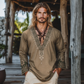 Men's Retro Bohemian Art Linen Printed Casual Long Sleeve Tops artswardrobe