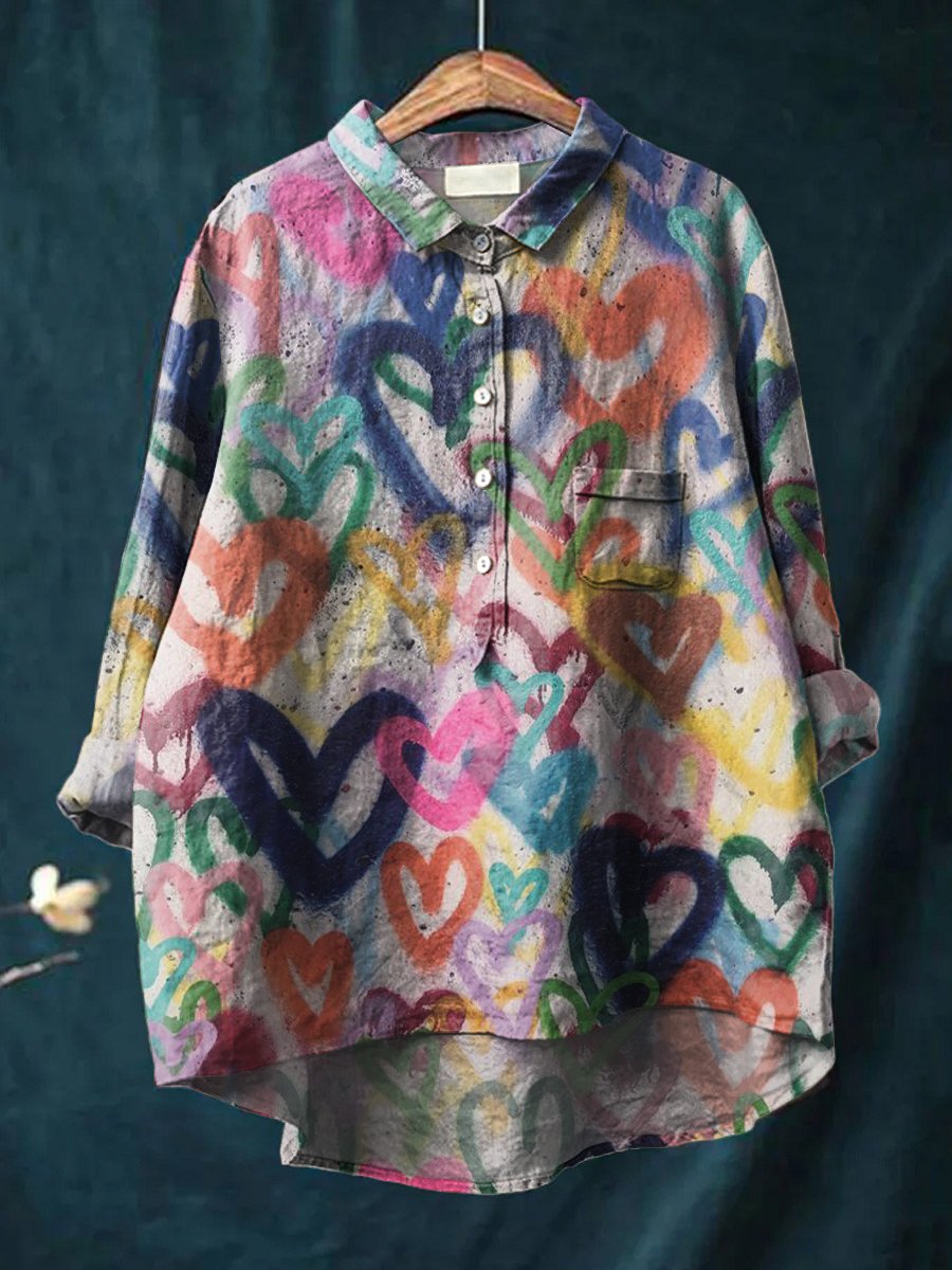 Women's Graffiti Heart Print Print Casual Cotton And Linen Shirt
