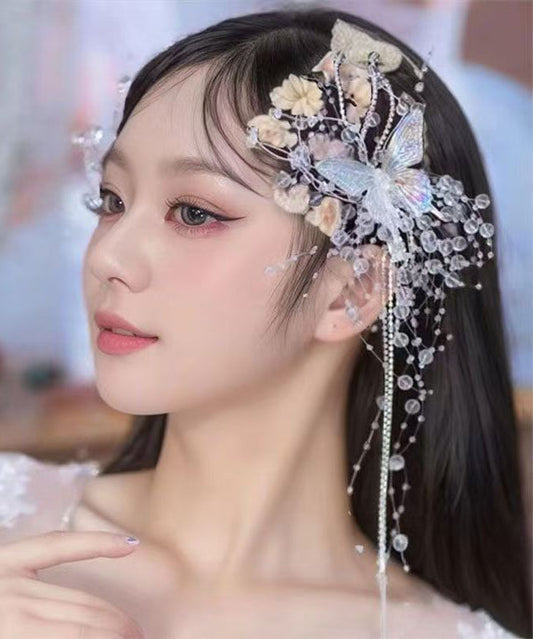 New White Acrylic Alloy Crystal Butterfly Tassel a Pair Hairpin