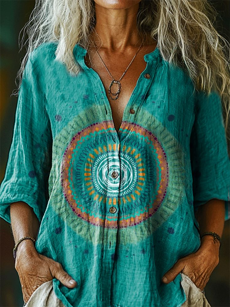 Women's Abstract Circle Pattern Art Print Casual Cotton Linen Shirt