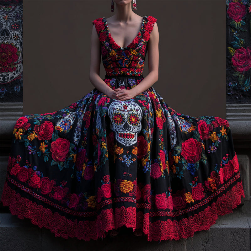 Comstylish Day Of The Dead Sugar Skulls Floral Embroidered Linen Maxi Dress