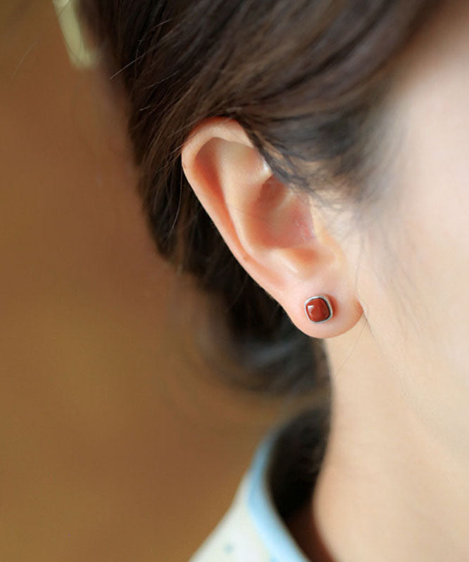 Red Sterling Silver Inlaid Agate Stud Earrings