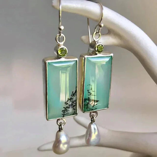 Turquoise Rectangular Pearl Earrings