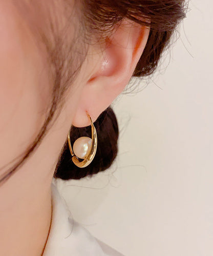 Regular Gold Copper Overgild 14k Gold Zircon Pearl Hoop Earrings