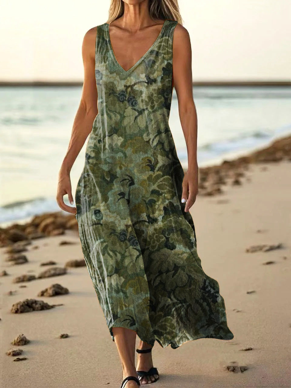 Women's Ethnic Flower Art Print V Neck Sleeveless Pocket Cotton Dress