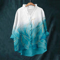 Comstylish Elegant Abstract Flower Art Linen Ruffle Shirt