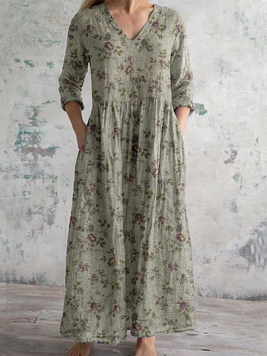 Women's Elegant Floral V-Neck Cotton Dress