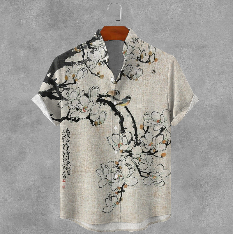 Men's Vintage Floral Oil Painting Art Print Casual Shirt elevenforest