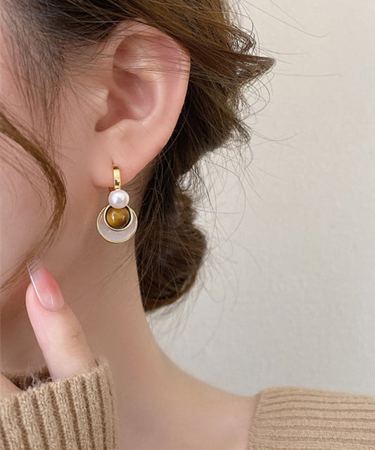 New Brown Copper Overgild Tiger Eye Stone Shell Glass Hoop Earrings