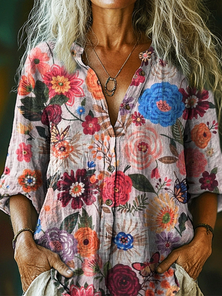Women's Bohemian Flower Art Print Casual Cotton Linen Shirt