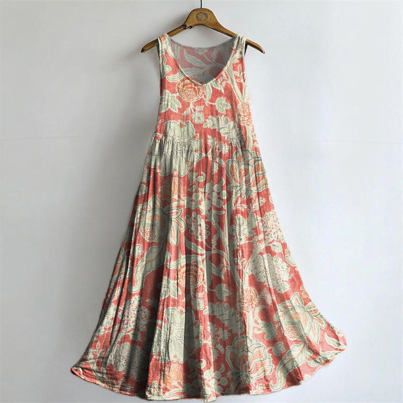 Women's Vintage Ethnic Floral Art Print Crew Neck Sleeveless Cotton Po