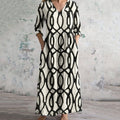 Geometric Print V-neck Linen Blend Midi Dress artswardrobe