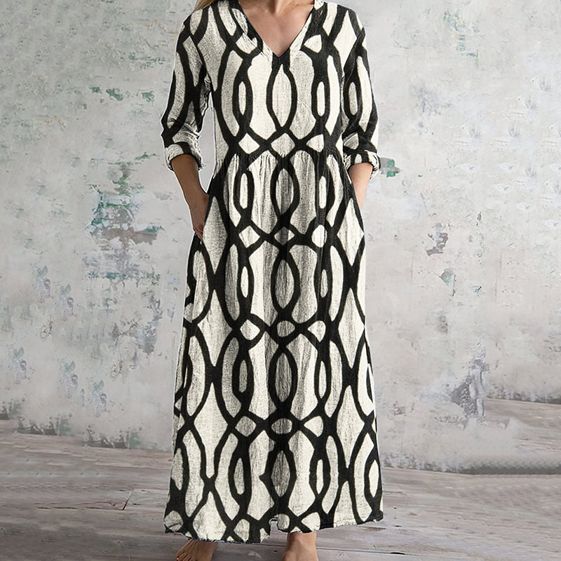 Geometric Print V-neck Linen Blend Midi Dress artswardrobe