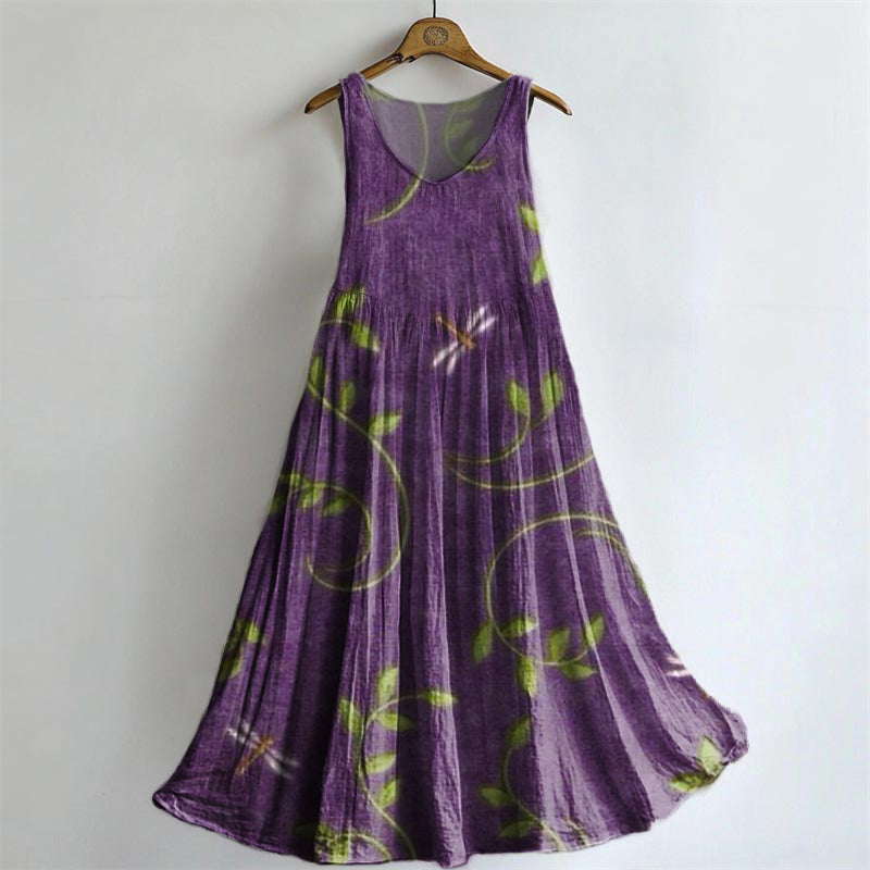 Women's Vintage Floral Dragonfly Art Print Crew Neck Sleeveless Cotton