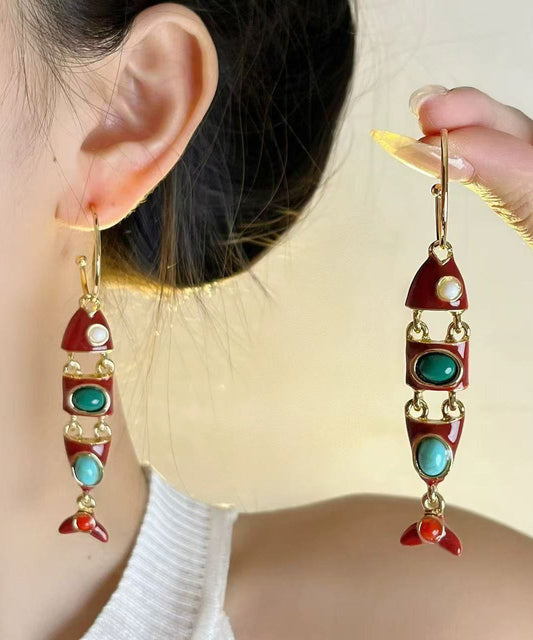 Colorblock Copper Alloy Enamel Fish Shape Drop Earrings