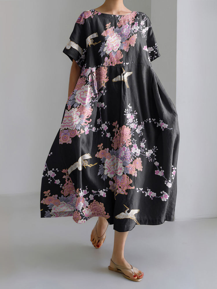 Japanese Art Flower Print Short Sleeve Midi Dress