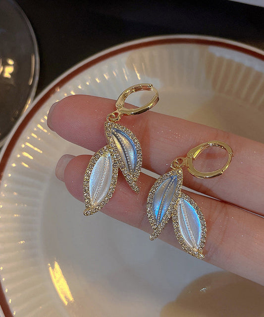 Diy Gold Copper Overgild Zircon Leaves Drop Earrings