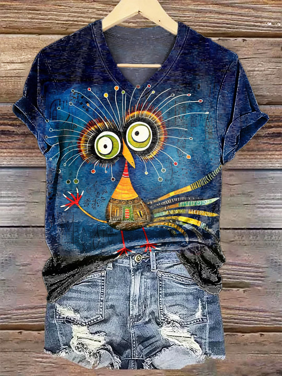 Women's Whimsical Bird Print V Neck T-Shirt