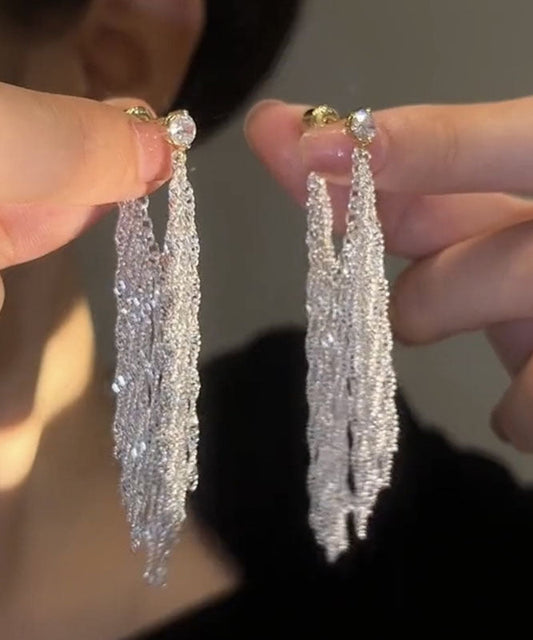 White Alloy Zircon Design Drop Earrings
