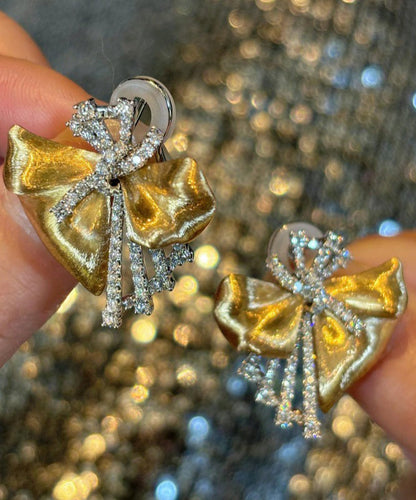 Loose Gold 14k Zircon Bow Stud Earrings