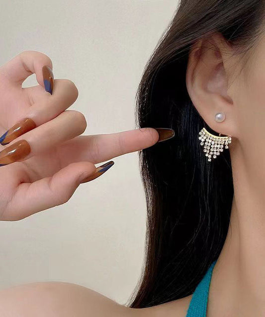 Classy Gold Sterling Silver Zircon Pearl Tasseldrop Earrings