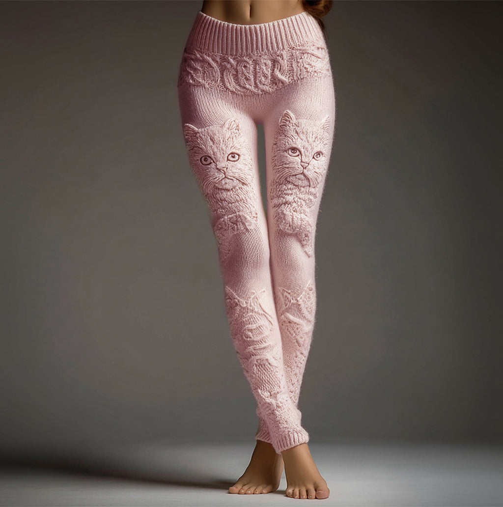Comstylish Cute Fuzzy Cat Embroidered Cozy Knit Leggings