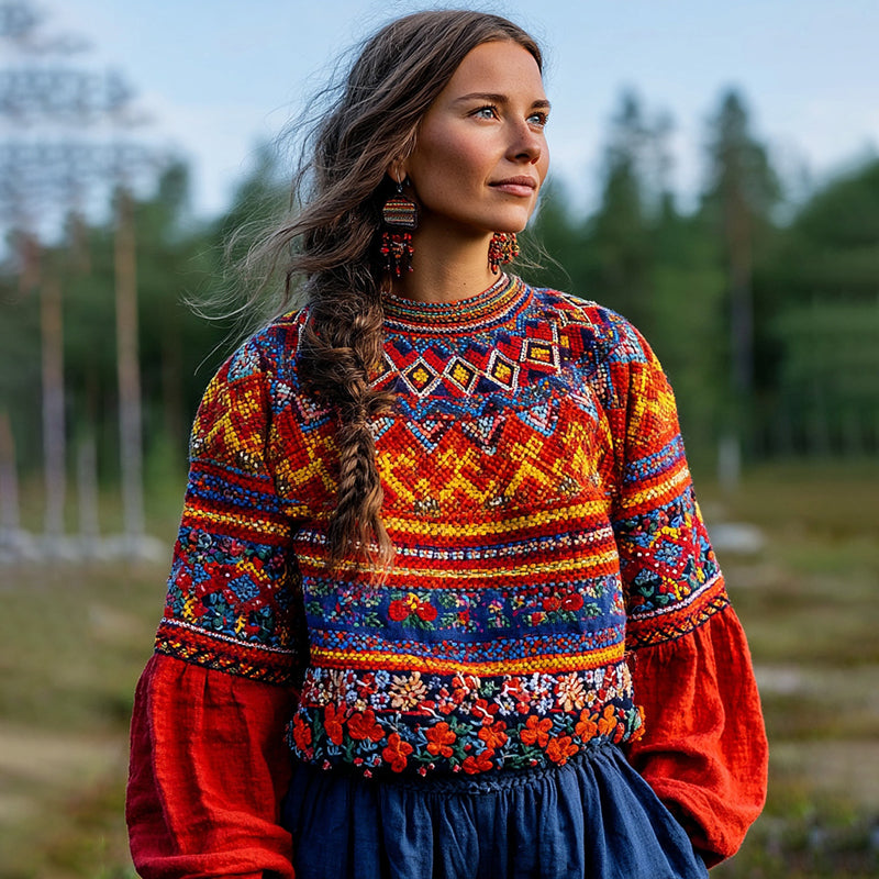 Men's Greenland Kalaallit Beaded Flowers Design Linen T-shirt elevenforest
