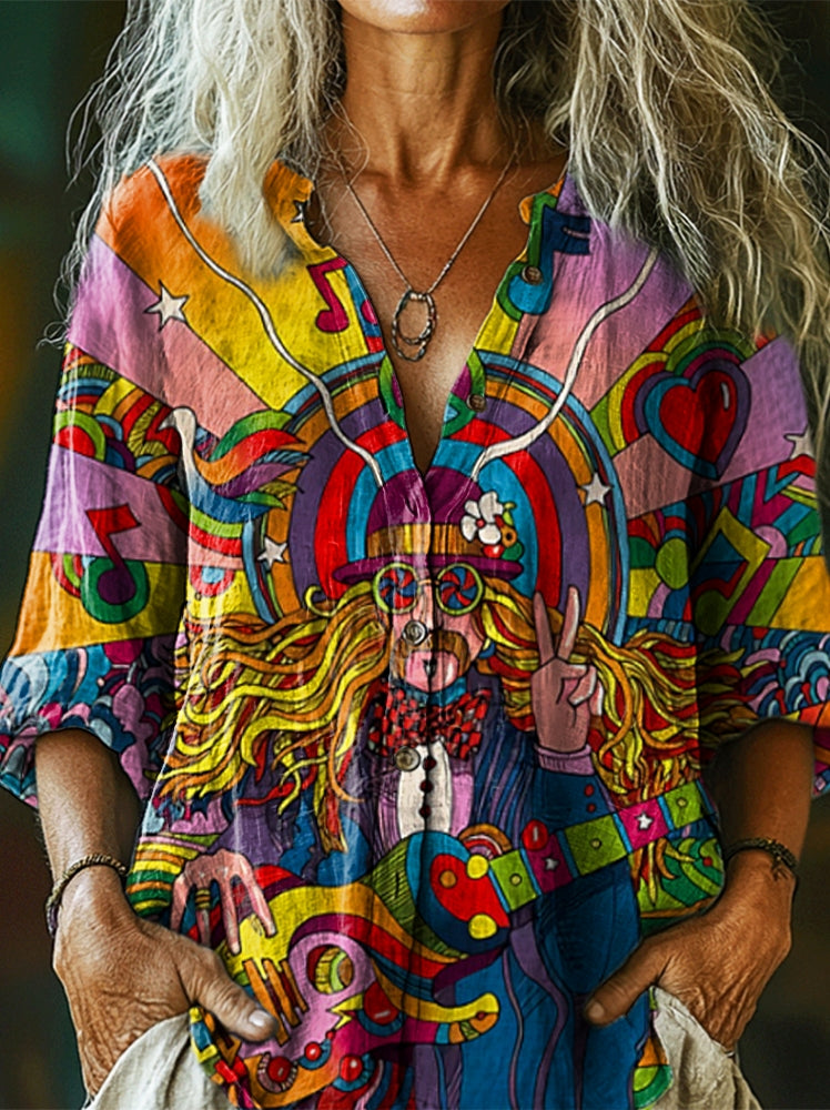 Women's Old Hippies Don't Die Print Casual Cotton Linen Shirt