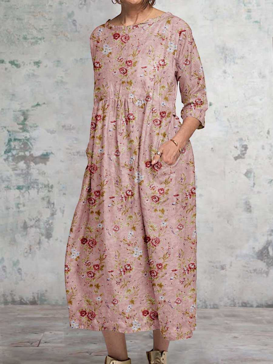 Women's Classic Floral Pattern Round Neck Cotton and Linen Top with Pockets