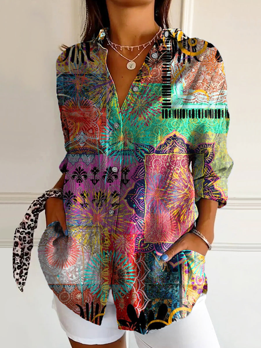 Women's Vintage Floral Art Print Casual Cotton Shirt