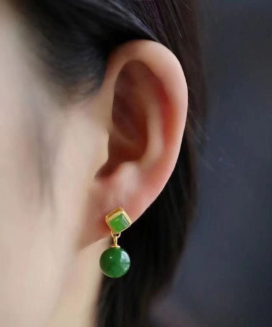 Spinach Green Sterling Silver Overgild Jade Drop Earrings