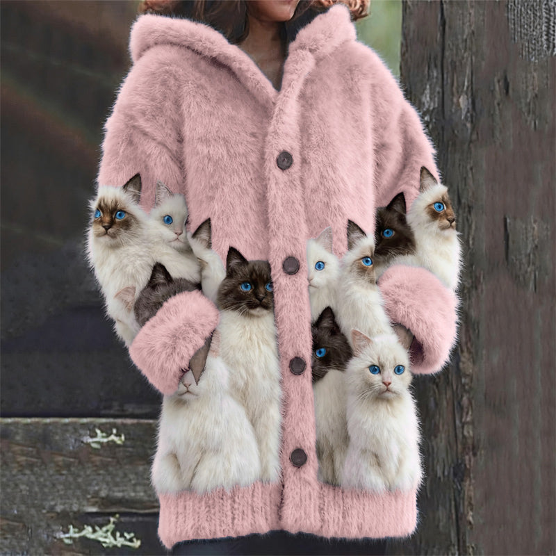 Classy Fuzzy Cats Art Cozy Knit Hooded Cardigan elevenforest