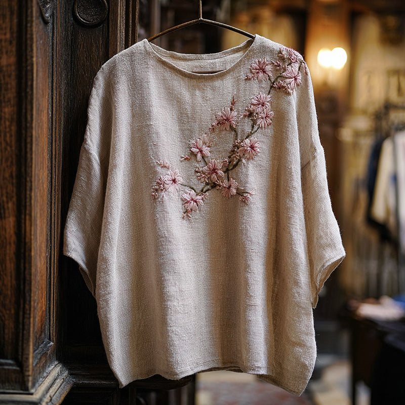 Women's Vintage Cherry Blossom Embroidered Casual Linen Top elevenforest