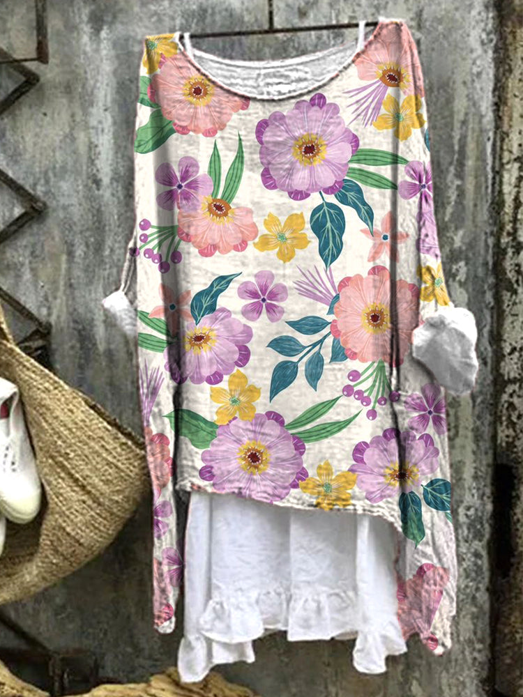 Vintage Floral Art Pattern Linen Loose Long Shirt