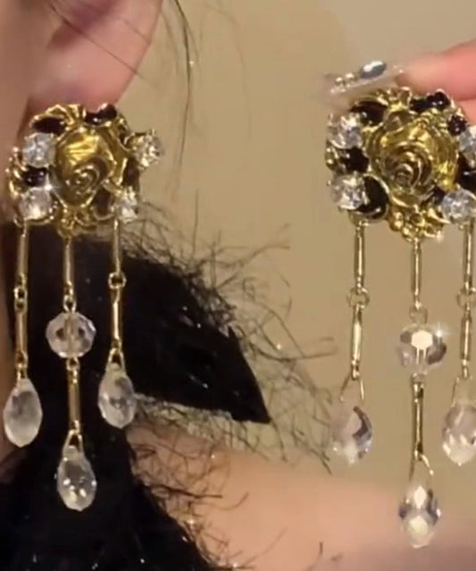 Gold Copper Overgild Crystal Tassel Drop Earrings