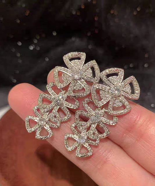 White Stainless Steel Zircon Hollow Out Bow Stud Earrings