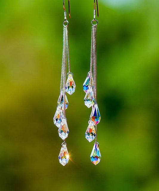 Rainbow Sterling Silver Crystal Tassel Drop Earrings
