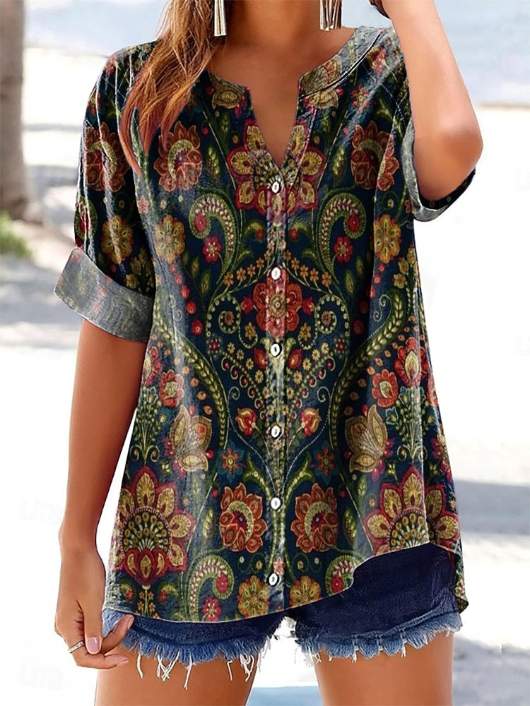 Women's Ethnic Flower Art Print Casual Cotton And Linen Short Sleeve S