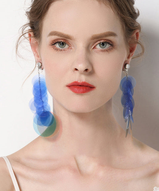 Blue Stainless Steel Round Sequin Tassel Drop Earrings